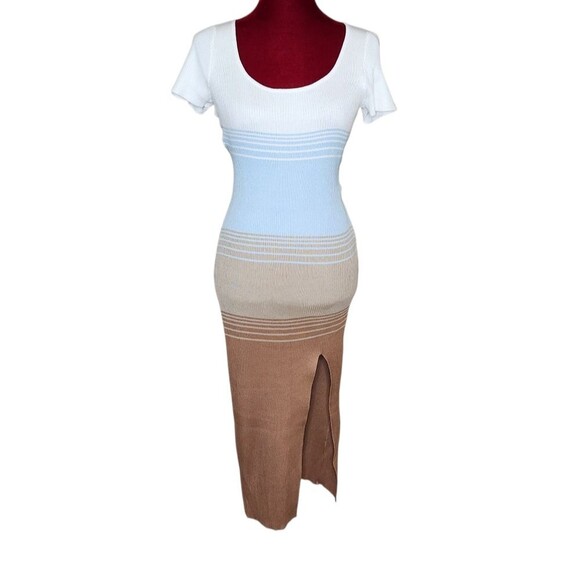 Almost Famous Ribbed Midi Dress Short Sleeve White Blue Tan Striped Colorblock M - Picture 1 of 10
